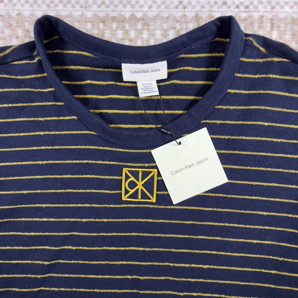 Calvin Klein Long Sleeve Shirt Mens XL Striped Navy Blue Yellow Cotton